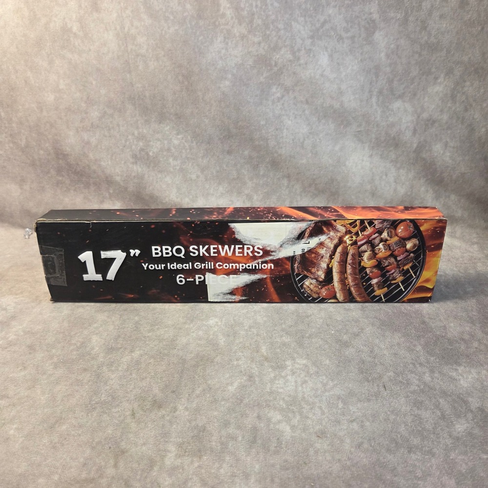 17" BBQ Skewers 6 Piece Set Stainless Steel Double Prong with Slider & Brush